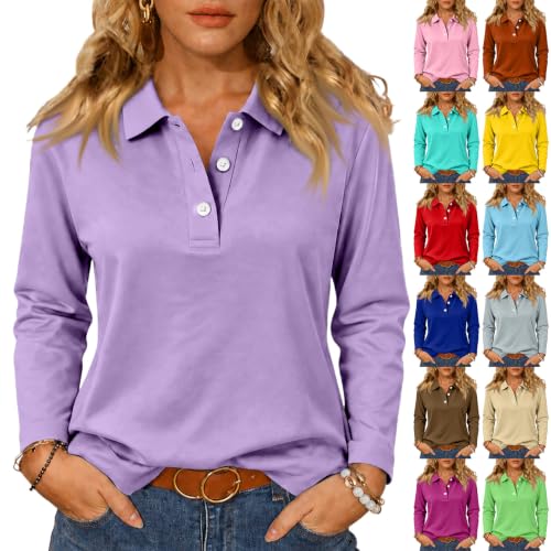 Womens Long Sleeve Tops Cotton Collared Work Button Fall Polo Shirts | Loose Fit, Quick Dry, Solid Color, Boho Going Out Top, Beach Vacation, Workout Athletic, Elegant, Holiday Coastal Outfits - image 1