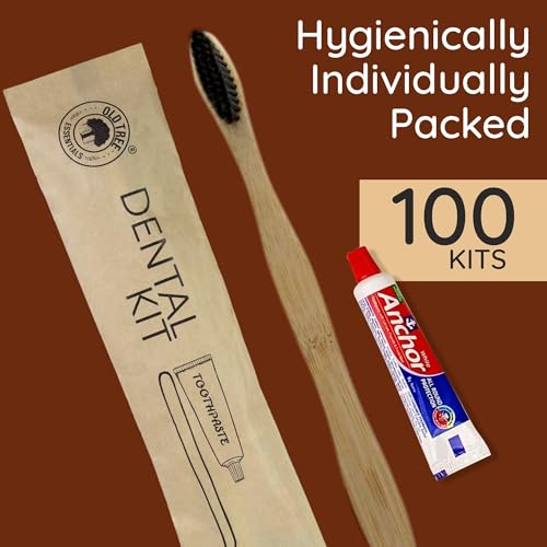 Image of Old Tree Eco-Friendly Dental Kit (Pack of 50) - Bamboo Toothbrush & 8g Anchor Toothpaste in Kraft Paper Pouch | Guest Room Amenities for Hotels, Resorts, Guest Houses, Hospitals