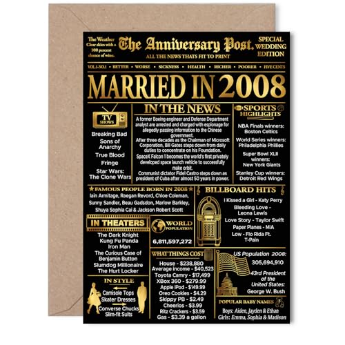 Stuff4 Gold 18th Anniversary Card for Women Men - Golden Newspaper Married in 2008-18 Year Wedding Anniversary Card for Partner Husband Wife Companion, 5x7 Inch Anniversaries Greeting Cards