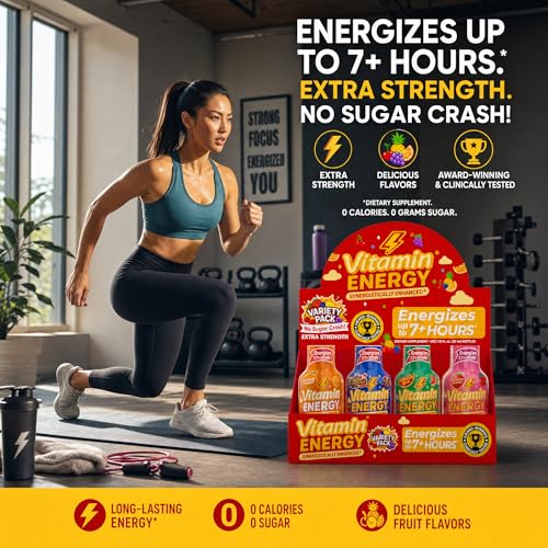Image of Vitamin Energy Variety Pack Extra Strength Energy Shot, 8 Pack - Up to 7 Hrs, 260mg Natural Caffeine, Zero Sugar -Assorted Flavors, B12 B6 Niacin, 1.93 fl oz, Keto Vegan