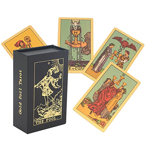 fikujap 78 wasserfeste Tarotkarten aus PVC mit Reiseführer, Luxuriöses Gold-Tarotkarten-Deck für Anfänger und erfahrene Leser Cover