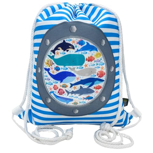 HECKBO Bolsa de gimnasio para niñas y niños, motivo de pez con ojo de buey que incluye ventana de plástico, 33 x 26 cm, guardería, cuna, mochila, bolsa deportiva