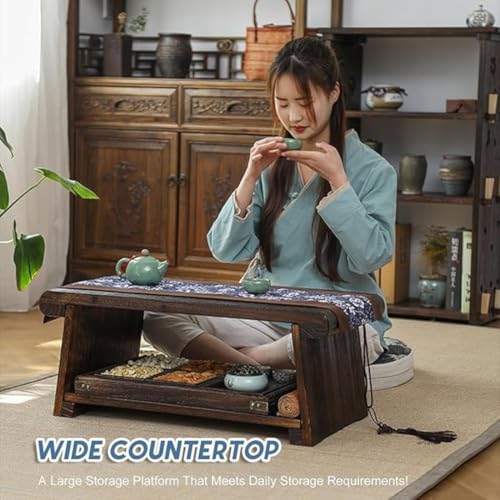 Image of Japanese Tatami Tea Table, Foldable Low Sitting Altar, Lightweight Durable Design, Sheesham Wood Walnut Finish, Brown, Model D (Folding with Storage Space)