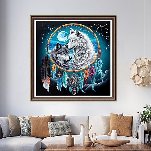 Image of Foxhool Beginners Cross Stitch Kits Stamped Full Range of Embroidery Kits for Adults DIY Cross Stitches kit Embroidery Patterns for Needlepoint kit-Couple Wolf 17.7x17.7 inch