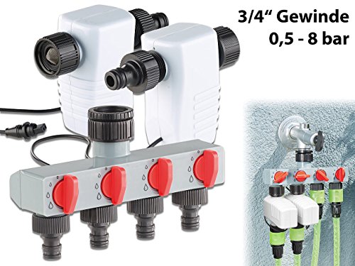 Royal Gardineer Automatische Wasseruhr: Elektronisch gesteuertes Magnet-Ventil im 2er-Set mit 4-Wege-Verteiler (Gartenschlauch Ventil elektrisch, Magnetventil Gartenschlauch, Timer)
