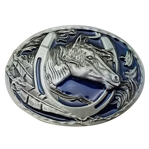 Lanxy Western Cowboy Leaf Horse Head Horseshoe Belt Buckle For Men Blue Enamel Grey Tone, free