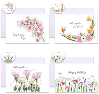 Whaline 12 Pack Birthday Card with Envelope and Sticker 4 Floral Designs Birthday greeting Card Flower Happy Birthday Blank Notes for Girl Female Women, 4" x 6"