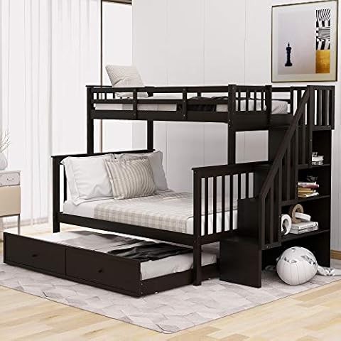 MERITLINE Twin Over Full Bunk Bed with Twin Size Trundle, Wooden Bunk Bed with Stairway, Storage and Guard Rail for Kids, Adults (Espresso) Cover