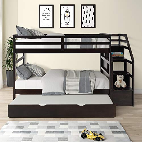 Bunk Bed Bunkie Board Twin-with Twin Size Trundle and 3 Storage Stairs for Family Bedroom with Pine Safety Fence for Student Dormitory U.s. Local Shipments Can Arrive Quickly (Color : Espresso)