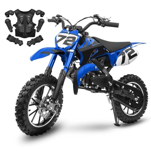 Kids Gas Powered Dirt Bike, 49CC 2-Stroke Gas Kids Dirt Bike, Pull Start Engine, Inverted Front Suspension, Rear Shock Absorber, Kill Switch, Disc Brakes, Blue, with Chest Protector