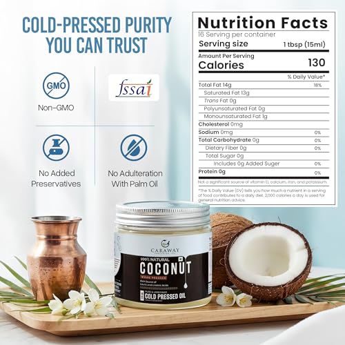 Image of CARAWAY Cold Pressed Coconut Oil for Hair | Traditional Kachi Ghani Wood Pressed Nariyal Tel Coconut oil for Cooking and Ayurvedic Rituals - 100% Pure and Unrefined - 8 oz / 236 ml Bottle