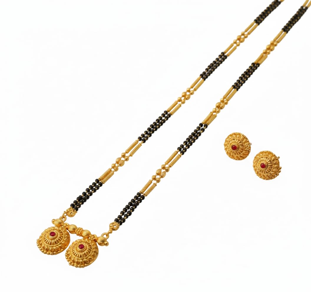 Maharashtrian Traditional Gold Plated Micropolish Mangal Sutra Black Beads Golden Chain 2 Vati Long Mangalsutra for Women Stylish-image-37