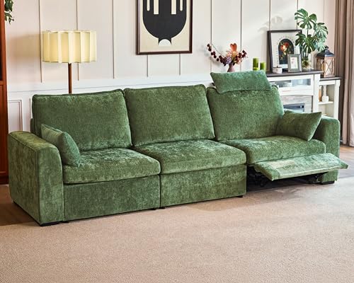 Image of 124.8'' Oversized Power Recliner Sofa with Headrest, Extra Wide Deep Modular Cloud Sectional Reclining Couch Wall Hugger, Convertible 3-Seater for RV Home Theater Living Room, Chenille, Green