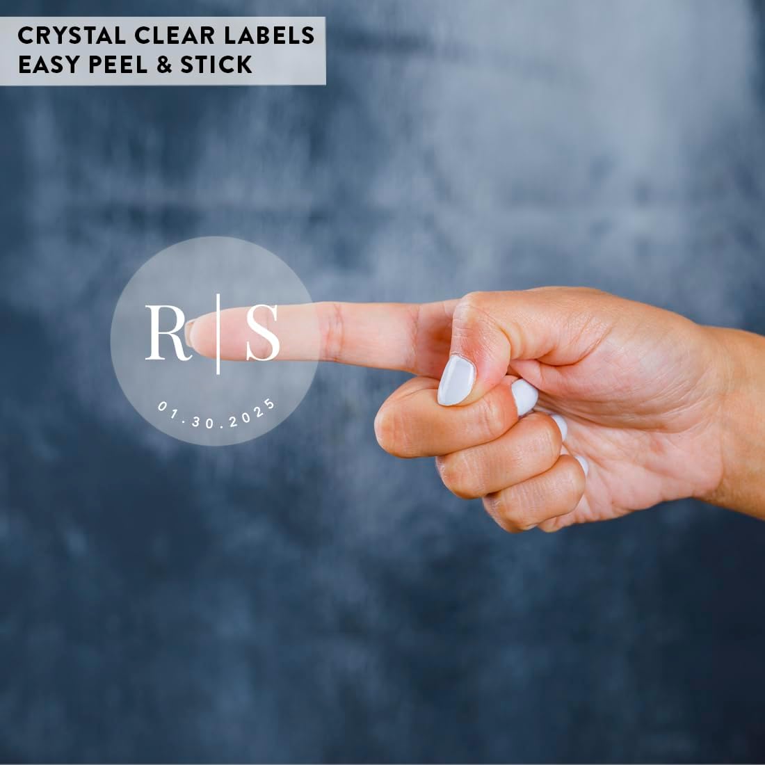Andaz Press 2" Round Clear Personalized Wedding Sticker Labels with White Custom Minimal Monogram Transparent Vinyl Envelope Sealer Self-Adhesive Labels for Wedding Invitation Favors Cards, 40-Pack