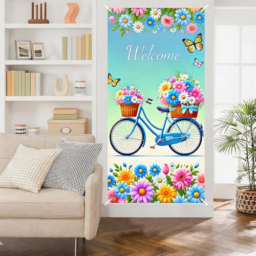 Image of Welcome Spring Bicycle Door Cover 35x71in Daisy Decor
