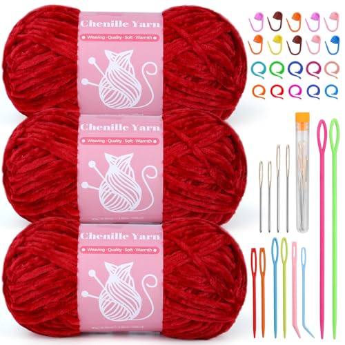 Image of LUNARM Chenille Yarn for Crochet Knitting Chunky Blanket Velvet Yarn | 3 Pack 3.5oz /100g 486 Yard Chenille Yarn for Beginners Knitting Scarves with Big Eye Needles Machine Washable
