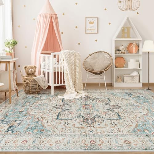 Tortania Area Rug Living Room Rugs - 8x10 Washable Boho Rug Vintage Oriental Distressed Farmhouse Large Thin Indoor Carpet for Living Room Bedroom Under Dining Table Home Office - Aqua Multi
