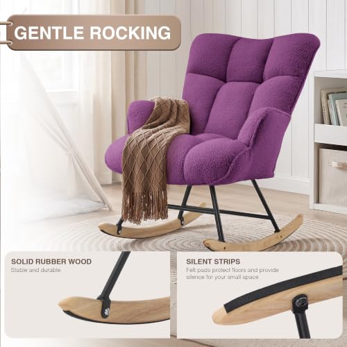 Image of SAETSFEG Rocking Chair Nursery Teddy Upholstered Glider Rocker Rocking Accent Chair Padded Seat with High Backrest Armchair Comfy Side Chair for Living Room Bedroom Office, Grape Purple