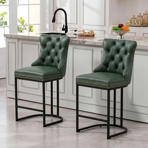 Image of UVV Counter Height Bar Stools Set of 2, 26 inch Modern Barstools with Back, Faux Leather Upholstery Counter Chairs with Metal Legs for Kitchen Island, Bar, Counter, Green