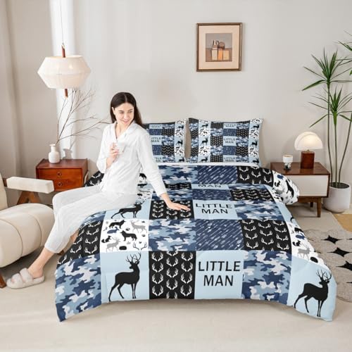 Manfei Camo Deer Antlers Comforter Set King Size Geometric Checkered Patchwork Bedding 3pcs for Xmas Decor, Boho Arrows Animals Quilt Set, Blue Rustic Duvet Insert, 2 Pillowcases (WWS10844GYY-BZ_USk)