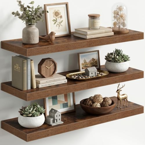 Image of Fun Memories Floating Shelves for Wall, 3 Pack 36 Inch Long Floating Shelves, 36 x 12 Wooden Shelves for Wall, Large Storage Shelves, Hanging Shelves for Bathroom Bedroom Kitchen, Brown