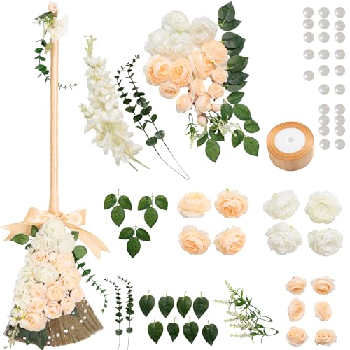 TTS For Home - Wedding Brooms Bride Bridegroom, Jumping The Broom for Wedding, Natural Whisk Broom with Ribbons, Artificial Pearl, Leaves,Roses for Decorative Wedding