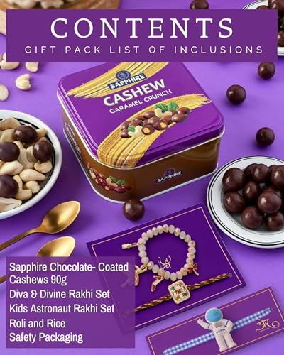 Image of HYPERFOODS Rakhi For Brother And Bhabhi And Kid Sapphire Cashew Caramel Coated 90 Gram Chocolates Gift Pack