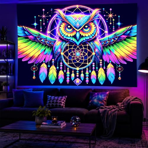Image of BlissYard Owl Tapestry Blacklight Tapestry 79x59 Inch Trippy Wall Hanging | Trippy Decration with Uv Reactive Colors for Bedroom Dorm and Party Walls