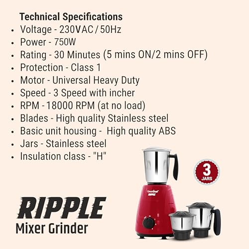 Image of Greenchef Ripple Mixer Grinder - 3 Stainless Steel Jars with Stainless Steel Blades, 750 Watts, 230-240v, 18000 RPM, Red Color, ABS Body, ISI Certified, Heavy Duty Motor, 5 Year Warranty on Motor