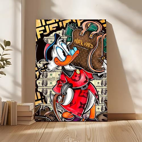 Image of Luxury Cartoon Duck Money Pop Art Canvas Painting For Living Room | Work Hard Success Theme Graffiti Wall Art Painting | Modern Street Style Artwork for Home & Office, 56x86 cm