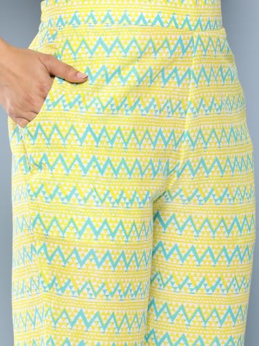 Image of Libas Yellow Yoke Design Cotton Straight Kurta with Trousers & Dupatta