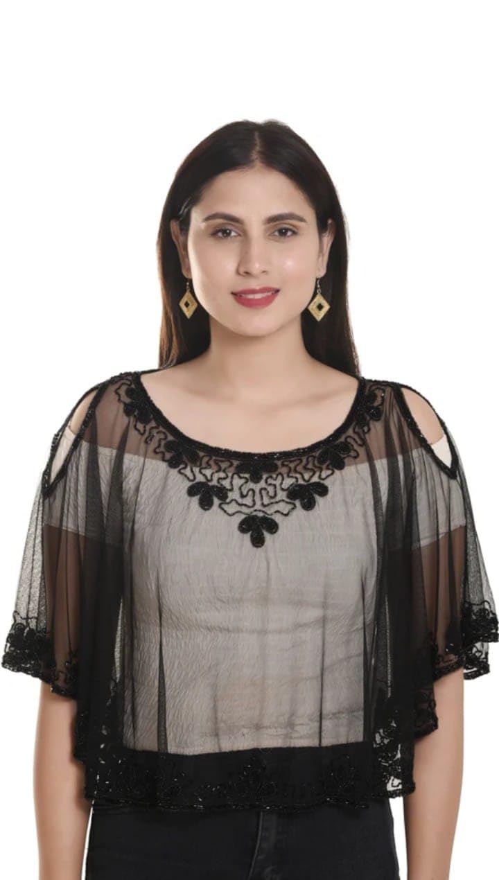 Women’s Sheer Embroidered Black Cape Top – Stylish Net Poncho with Floral Lace Detailing, Party Overlayer Poncho for Tops, Dresses & Sarees | Lightweight, Free-Flowing Western Cape for Women.-image-33