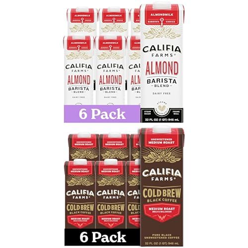 Bundle of Califia Farms Original Almond Barista Blend Almond Milk 32 Oz (Pack Of 6) + Califia Farms - Pure Black Medium Roast Cold Brew Coffee, 32 Oz (Pack of 6)