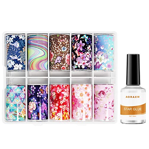 AORAEM Nail Art Foil Glue Gel with Starry Sky Star Foil Stickers Set Flowers Nail Transfer Tips for DIY Decoration(Flowers)