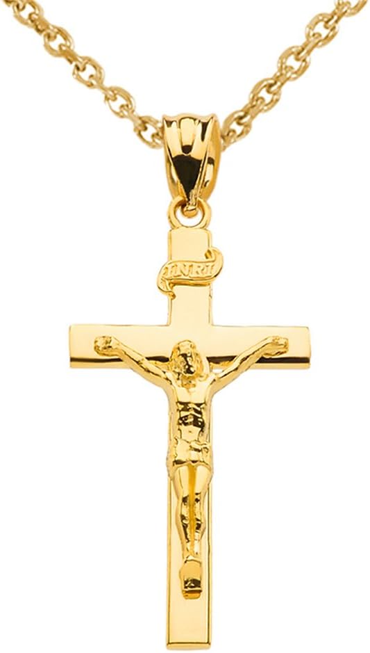 Solid 14k Gold Linear Cross INRI Crucifix Pendant Necklace