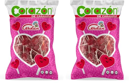 Caramelos Cerdán - Piruletas Mini Corazón Sabor Cereza | Bolsa de 150 Unidades | Caramelo Duro con Palo sin Gluten ni Alérgenos | Ideal para Fiestas, Eventos y Cumpleaños (Paquete de 2)