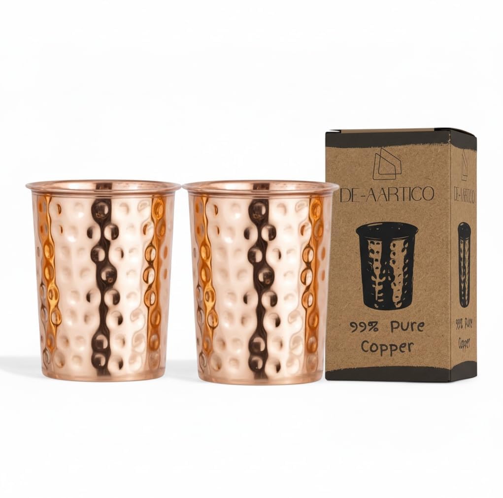 Pure Copper Tumblers for Drinking – Handmade Hammered Finish Water Glasses, 312ml (11 fl oz), Health Benefits for Hydration, Set of 2, Eco-Friendly Copper Cups for Water & Juices