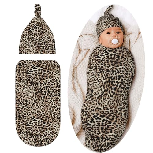 Image of Leopard Print Newborn Swaddle Blankets Cheetah Print Baby Stuff Soft Swaddling Blanket With Beanie Sets Gifts For Infant Boys Girls