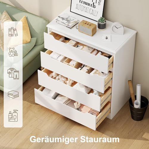 Bealife Kommode Weiß, Schlafzimmer Kommode mit 4 Geräumige Schubladen, Schrank mit Schubladen mit Ausgeschnittenen Griffen und Kippsicherung, Schubladenschrank Ideal für Wohnzimmer, Büro