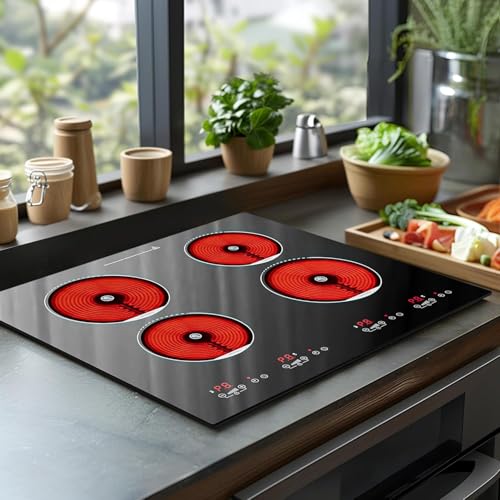 Image of ADVWIN Electric Cooktop, 4 Burner Electric Stove Top，24 Inch Built-in 6000W Ceramic Cooktop with 4H Timer, Kid Safety Lock and Knob Control, 9 Heating Level,220v(no plug) (4 burners)