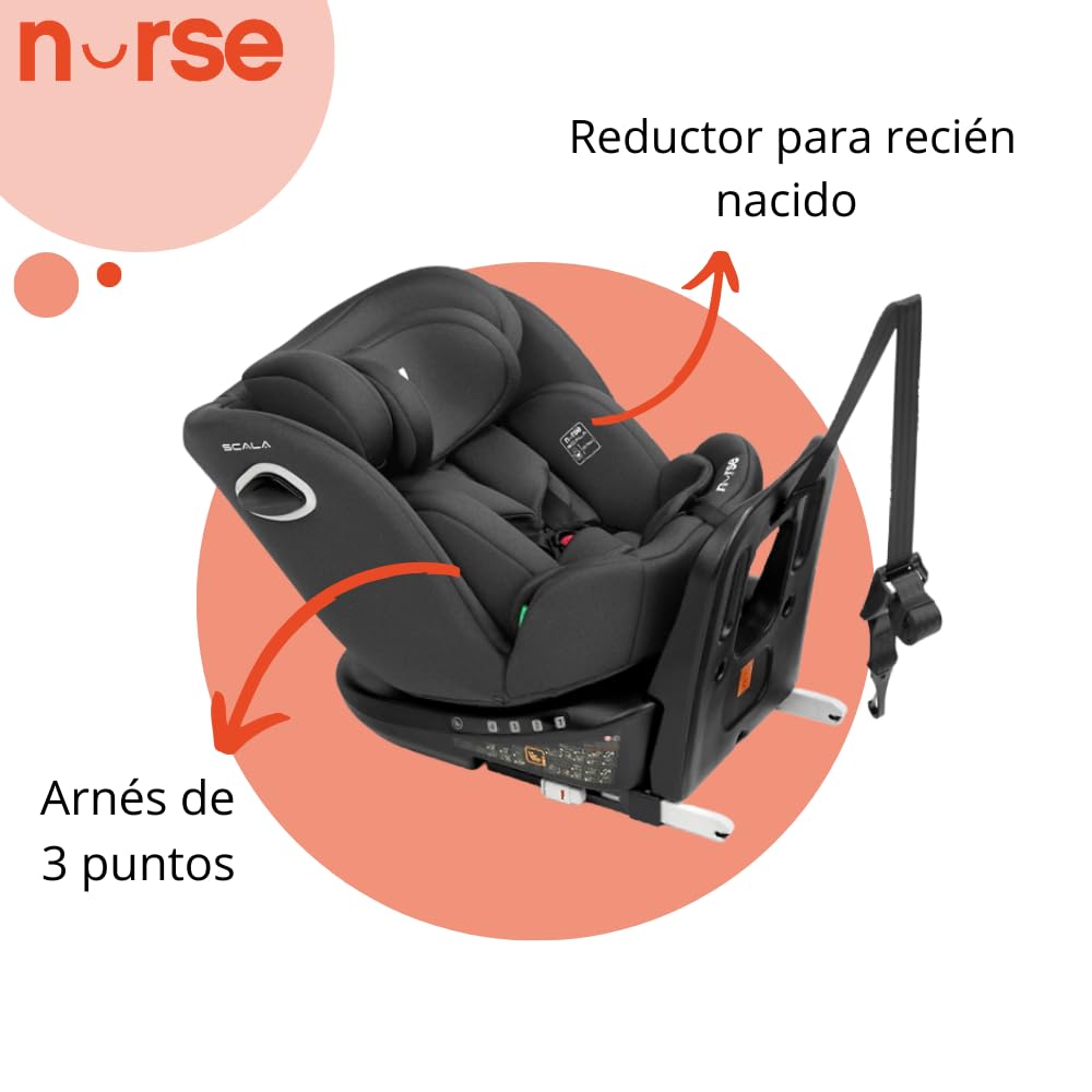 Nurse Scala Silla de Coche i-Size 40–150 cm, Giratoria 360º, ISOFIX con Top Tether, A Contramarcha y A Favor de la Marcha, Protección Lateral, Negro