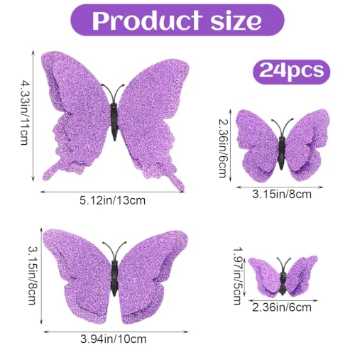 Dekoracja ścienna z motywem motyla 3D, 4 rozmiary, fioletowa dekoracja ścienna, brokatowe naklejki, usuwalne dwuwarstwowe dekoracje do sypialni, na ślub, przyjęcie urodzinowe