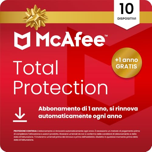 McAfee Total Protection 10 dispositivi 2026 | Esclusiva Amazon | Antivirus, VPN | Abbonamento di 1 anno con rinnovo automatico + 1 anno di protezione extra GRATUITO | Download digitale