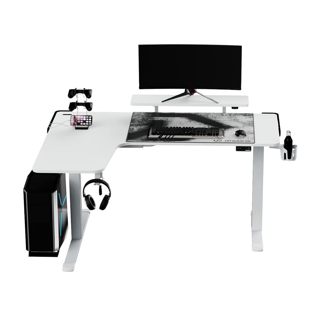 Ultradesk Winger RGB LED | Mesa de Juego Mesa de Juego en Forma de L | Escritorio esquinero en Forma de L | Escritorio para Ordenador con Ajuste eléctrico de Altura |155x111x60cm Blanco
