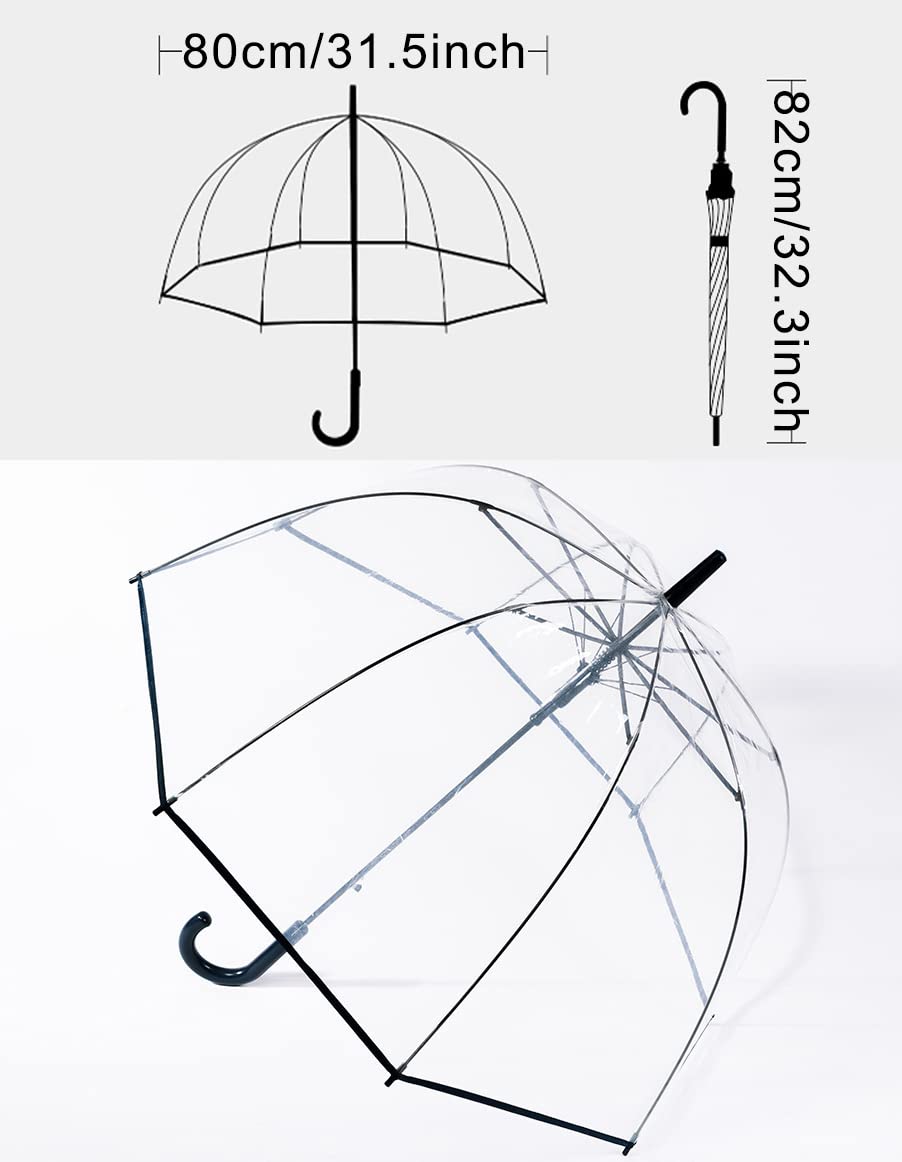 ThreeH Clear Bubble Regenschirm Gebogener Griff Stabile transparente Kunststoffkuppel 8 Rippen Auto Open Stick Regenschirm