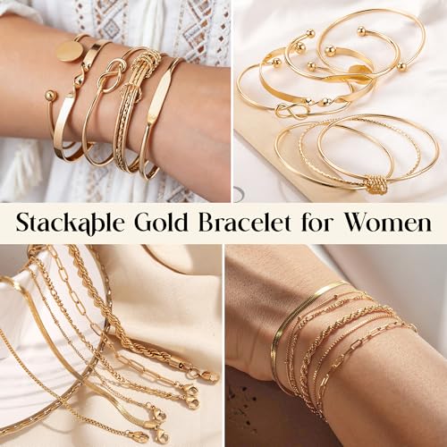 Image of 105 Pcs Gold Jewelry Set for Women Costume Jewelry Multi Layer Necklace Stackable Bangle Link Bracelet Stud Hoop Earrings Knuckle Rings Hair Tie Headband Set Jewelry Pack for Women