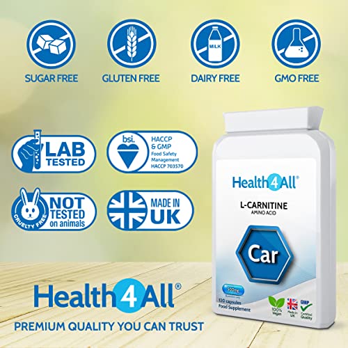 L-Carnitine 500mg 120 Capsules (V) (not Tablets) Free Form Amino Acid Fat Burner. Vegan. Made in The UK by Health4All - Image 3