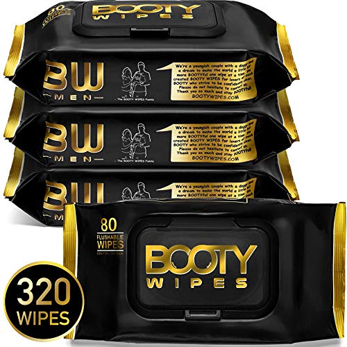 BOOTY WIPES for Men - Flushable Wet Wipes for Adults, Man Wipes Infused with Vitamin-E & Aloe (320 Wipes Total - 4 Flip-Top Packs of 80) Biodegradable, Hypoallergenic, Alcohol Free