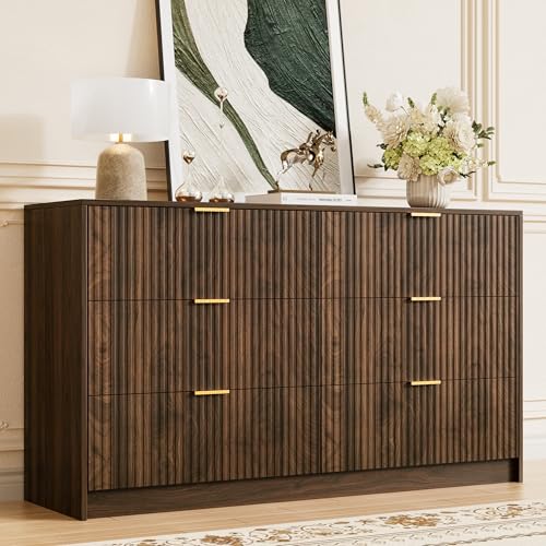 Image of Furniway Walnut Dresser for Bedroom, Modern Dresser with 6 Drawers and Smooth Slides, Wide Chest of Drawers with Golden Handles for Bedroom, Living Room, Closet, 15.7 inch D x 55.1 inch W x 31.4 inch H
