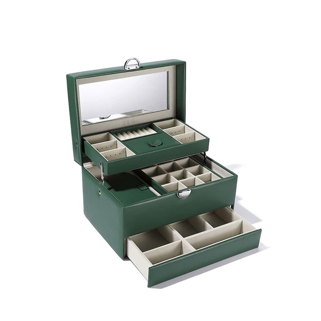 Joyero Organizador de Tres cajones con Espejo: de Cuero sintético, Ideal para Anillos, Collares, Pulseras, Pendientes y Relojes.